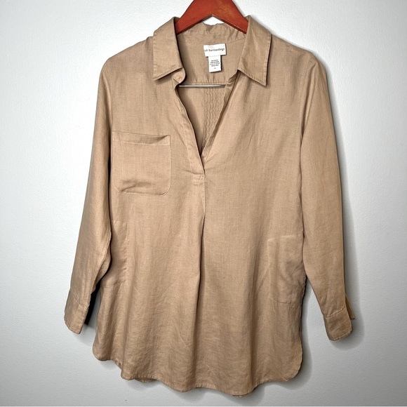 Soft Surroundings Tan Long Sleeve 100% Linen Collared Tunic Top Size PS Pockets - Picture 1 of 12